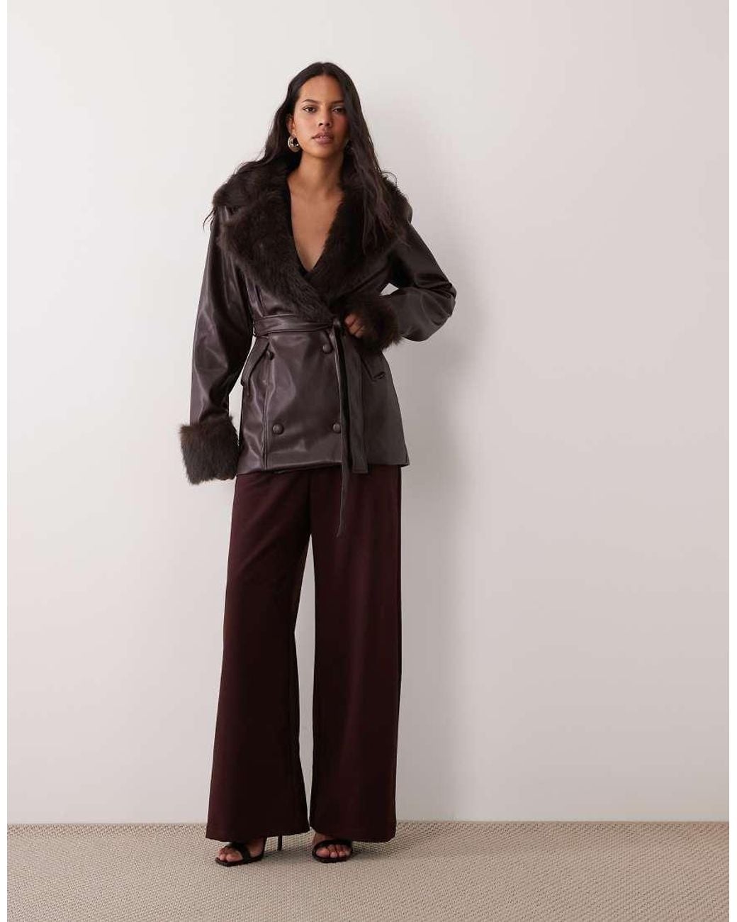 SNDY'S Black Faux Leather Faux Fur Collar & Cuff Double Breasted Belted Jacket