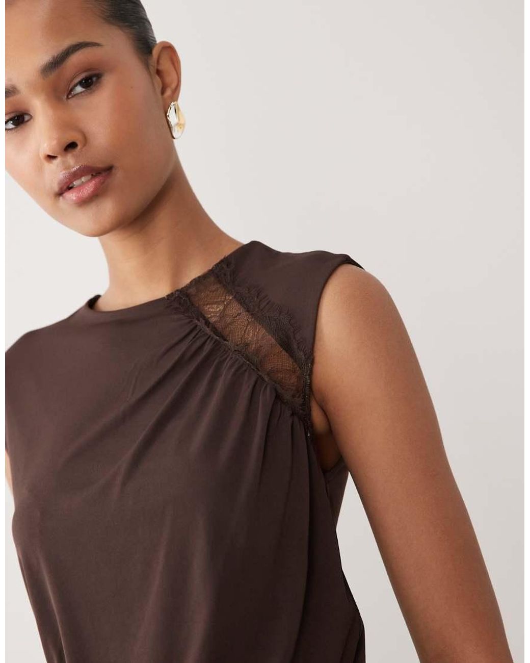 Mango Brown Sheer Lace Detail Sleeveless Top