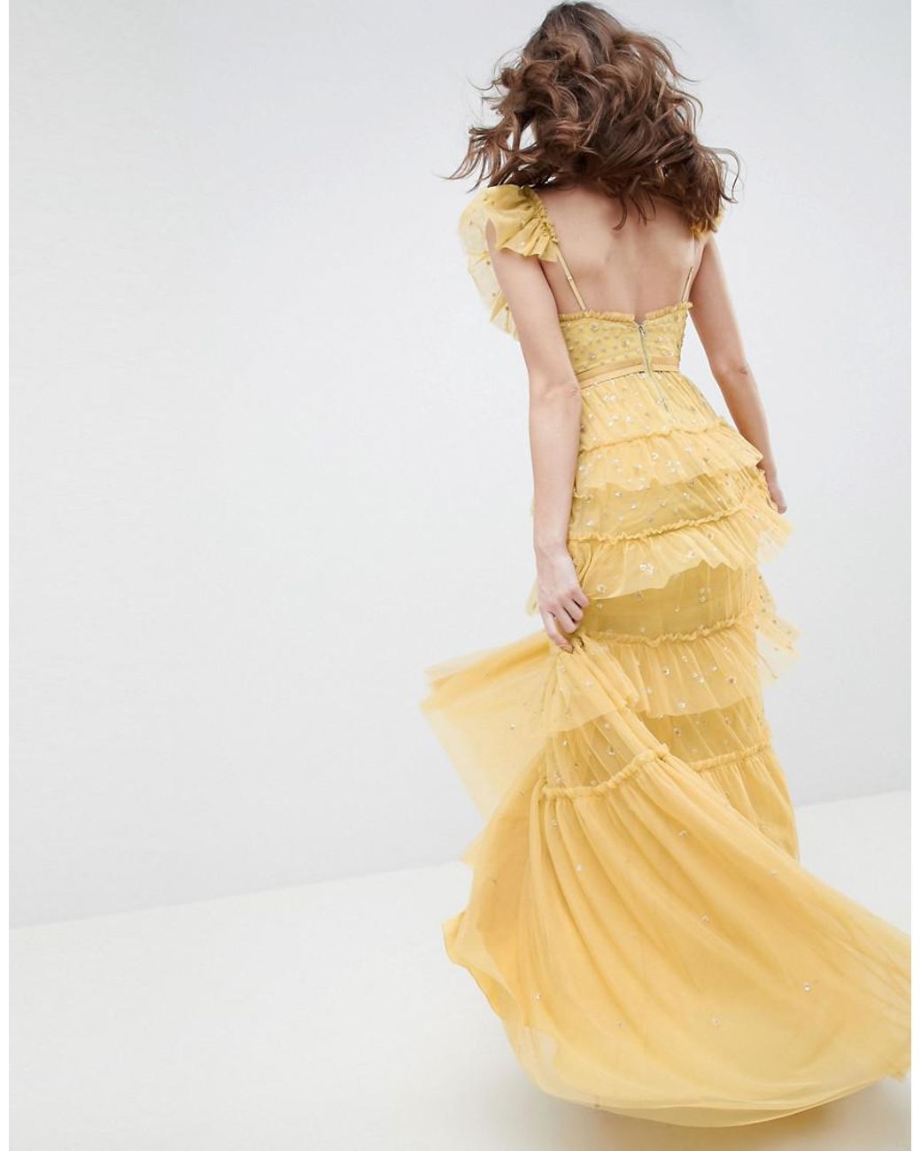 Needle Thread Layered Maxi Dress With Ruffle Neck Detail In Sunflower in Yellow Lyst