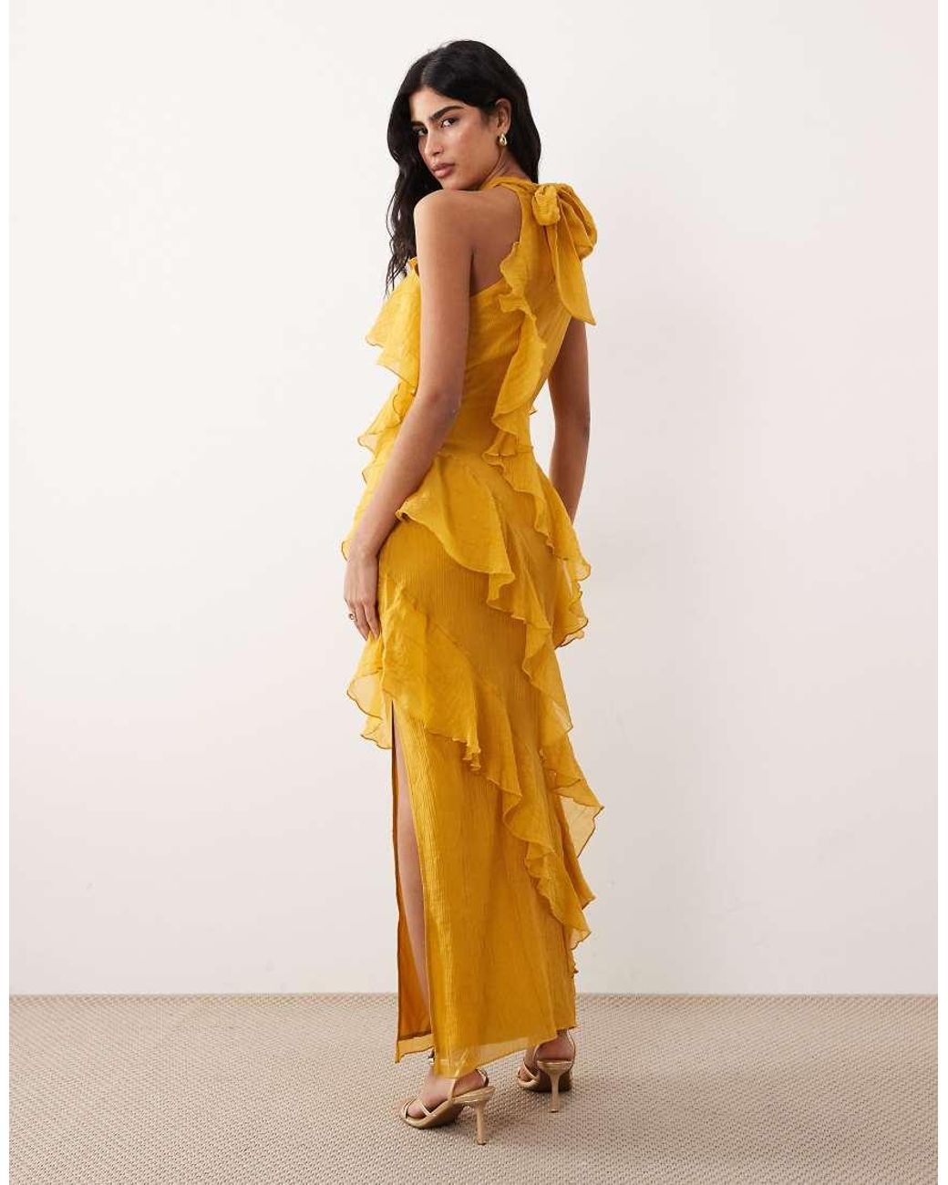 Pretty Lavish Metallic Corsage Halter Neck Asymmetric Tiered Ruffle Maxi Dress