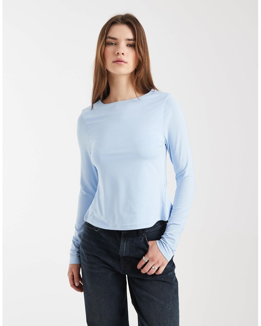 ASOS Slinky Open Back Long Sleeve Top in Blue | Lyst