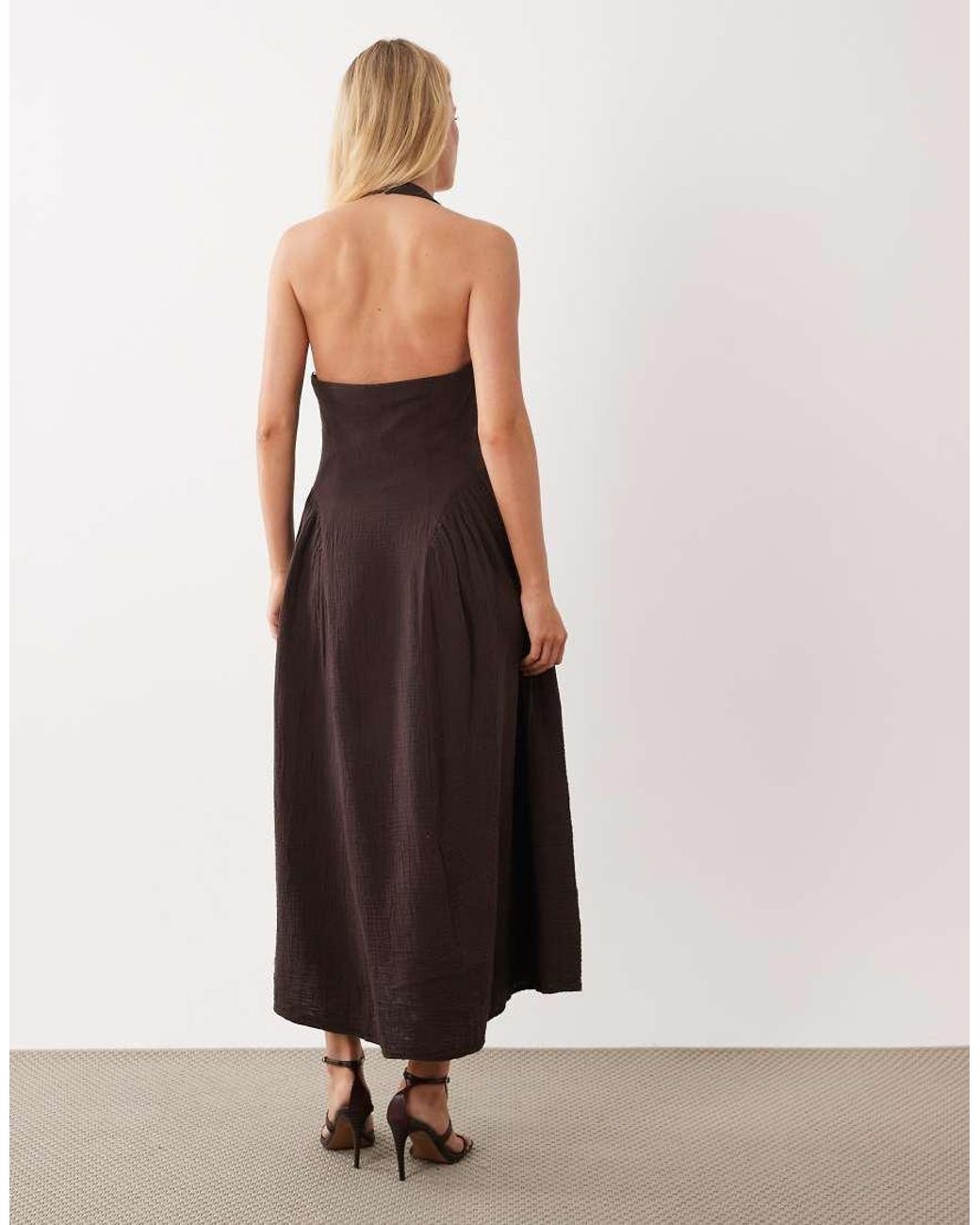 Mango Brown Sqaure Neck Halter Detail Sleeveless Maxi Dress With Cinch Waist