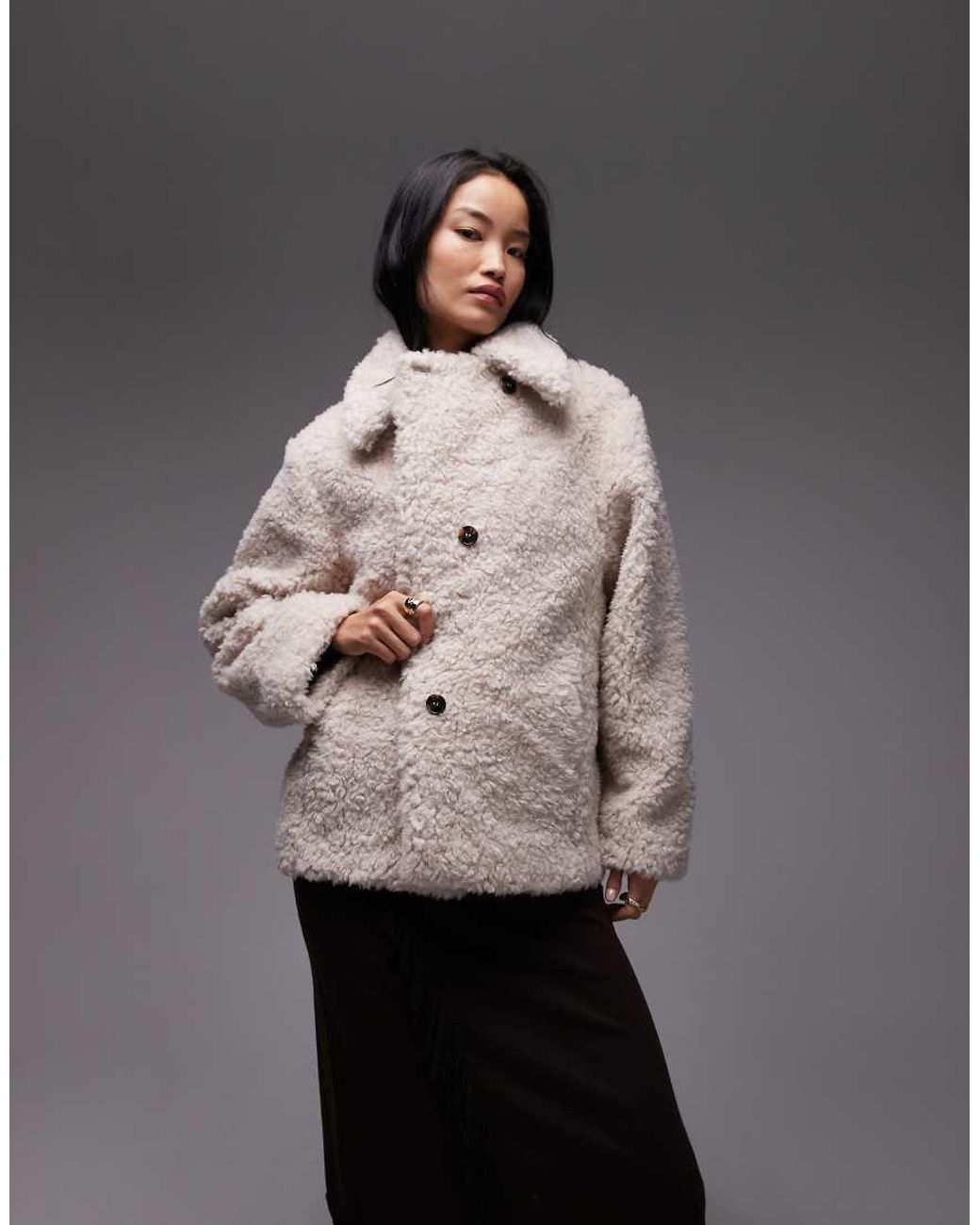 & Other Stories Gray Wool Rich Midi Length Faux Fur Jacket
