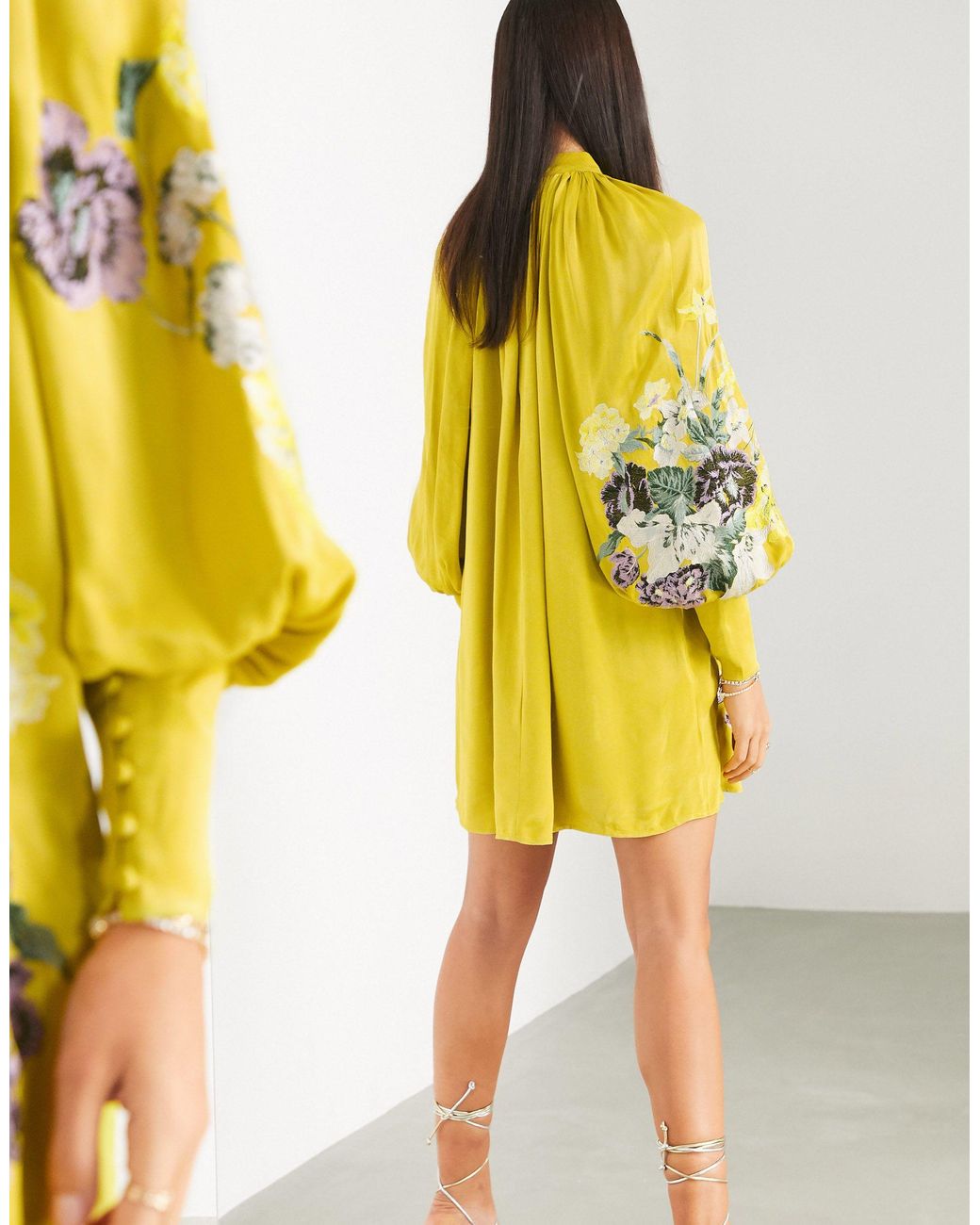 ASOS Embroidered Satin Mini Trapeze Dress in Yellow | Lyst