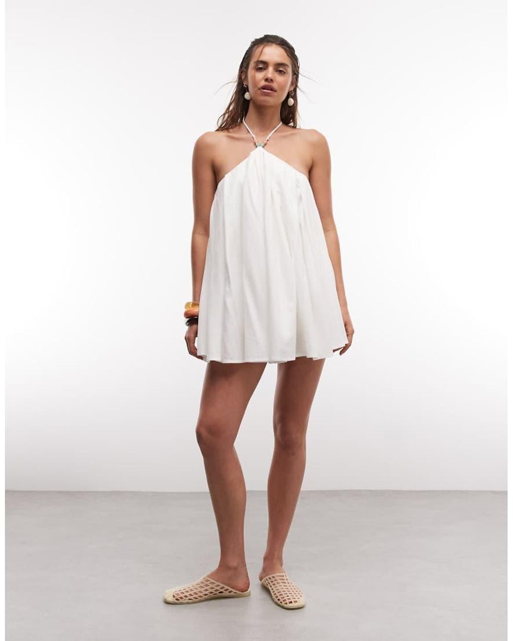 Noughts & Kisses White Linen Blend Beaded Strap Detail Halterneck Lace Up Back Mini Dress
