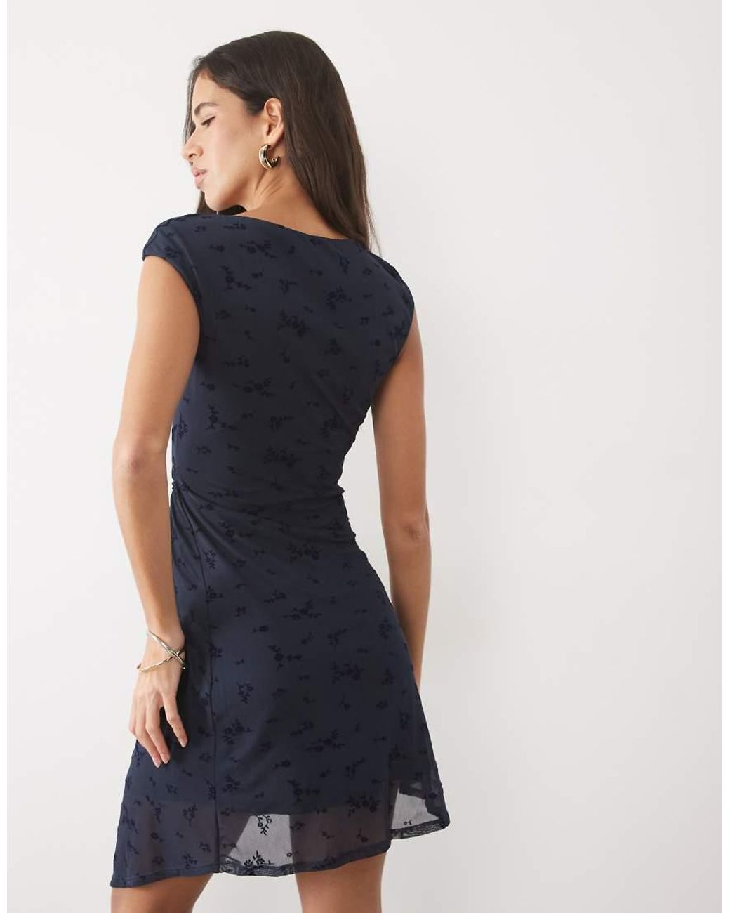 New Look Blue Flocked Mesh Ruche Detail Mini Dress