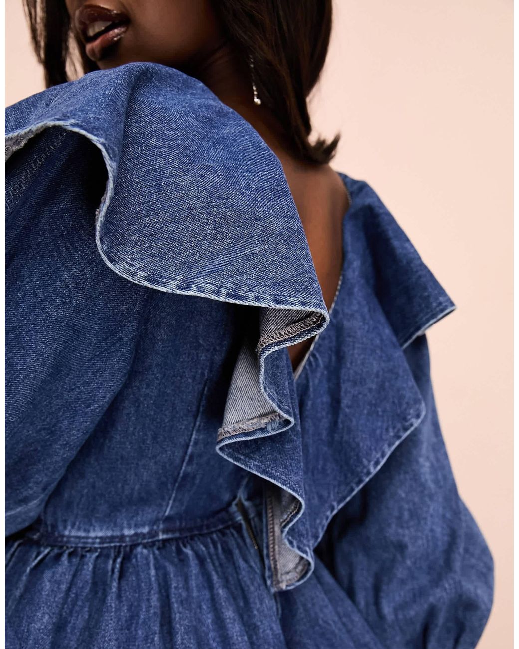 ASOS Denim Ruffle Plunge Tiered Mini Dress With Diamante Buttons in Blue | Lyst ASOS Denim Ruffle Plunge Tiered Mini Dress With Diamante Buttons in Blue | Lyst