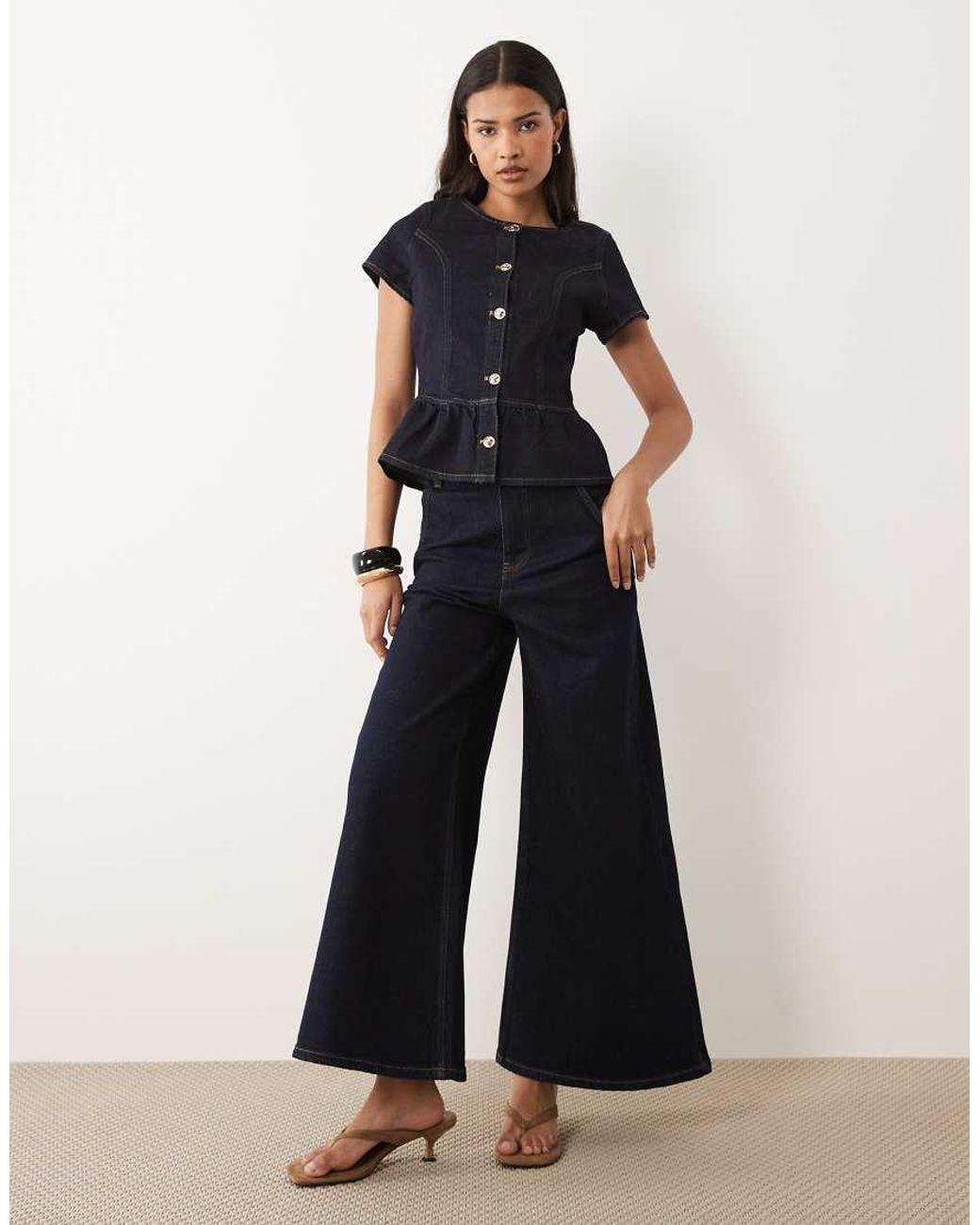 Miss Selfridge Blue Denim Short Sleeve Peplum Top