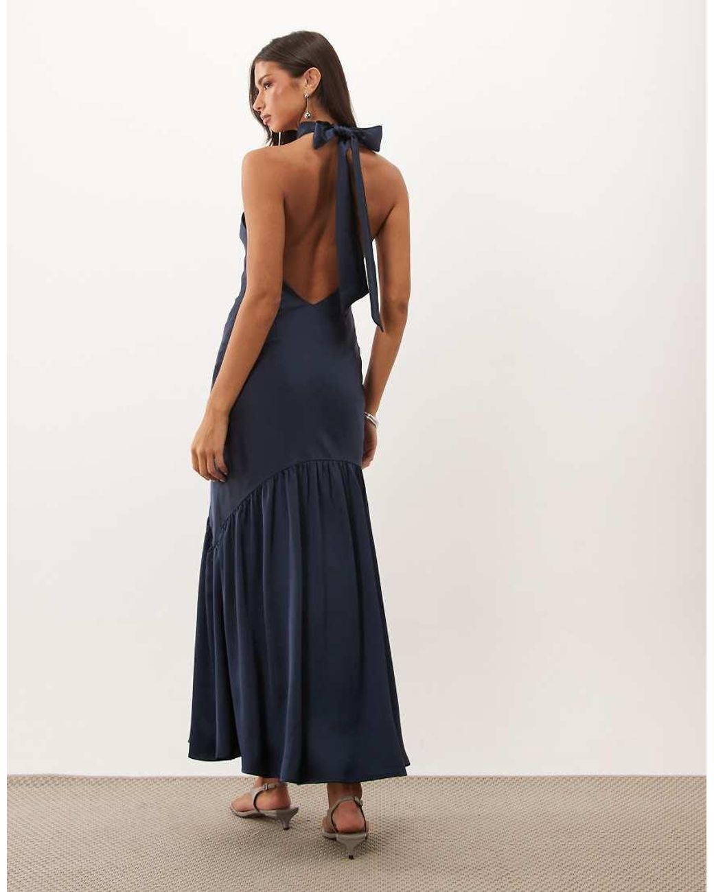 Pretty Lavish Blue Satin High Halter Neck Bias Backless Maxi Dress