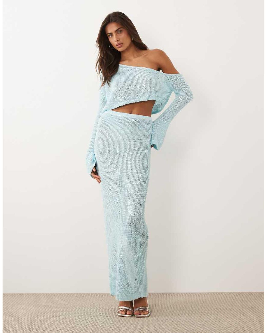 Wanderdoll Blue Gigi Metallic Knit Beach Maxi Skirt
