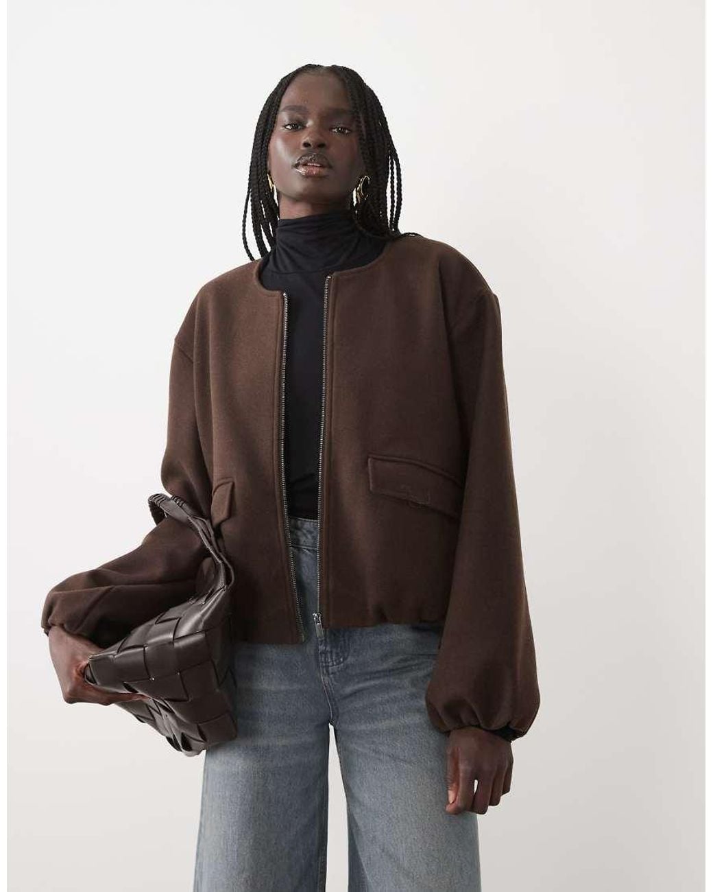 Vila Brown Textured Clean Collarless Bomber Jacket