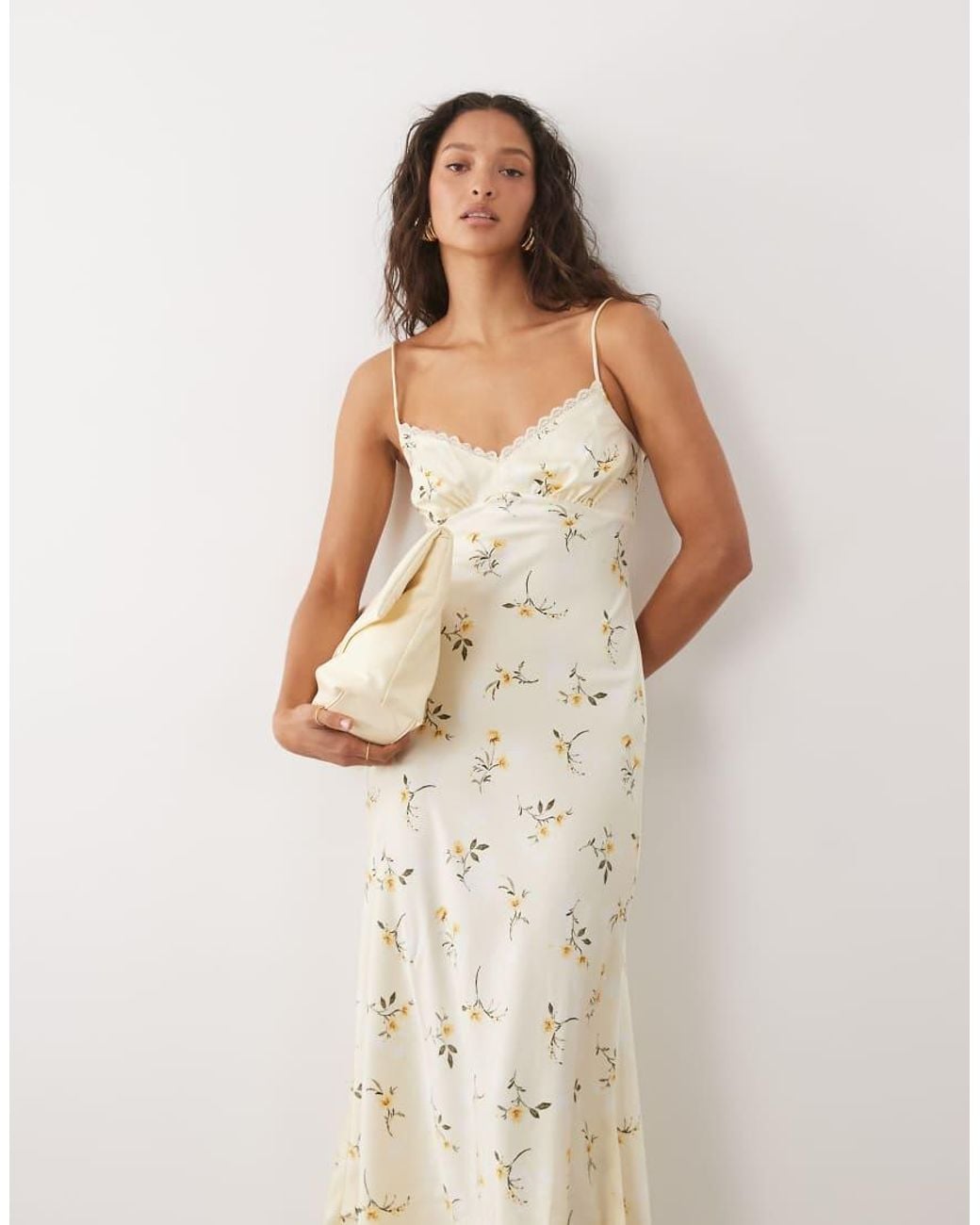New Look White Lace Trim Ditsy Floral Satin Midi Dress