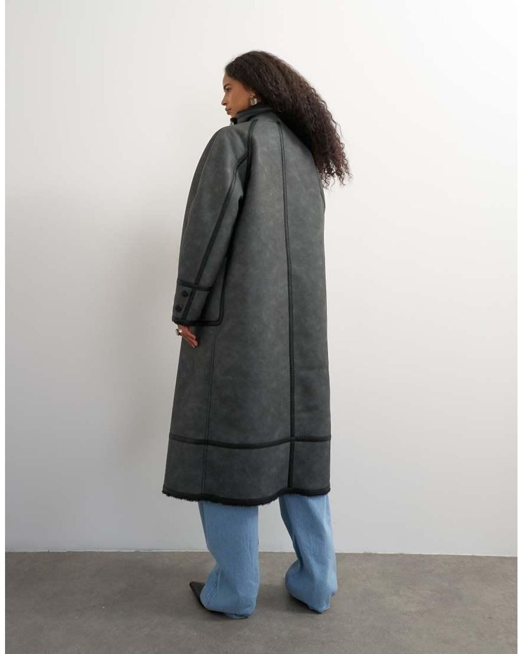 TOPSHOP Black Longline Faux Leather Funnel Neck Coat