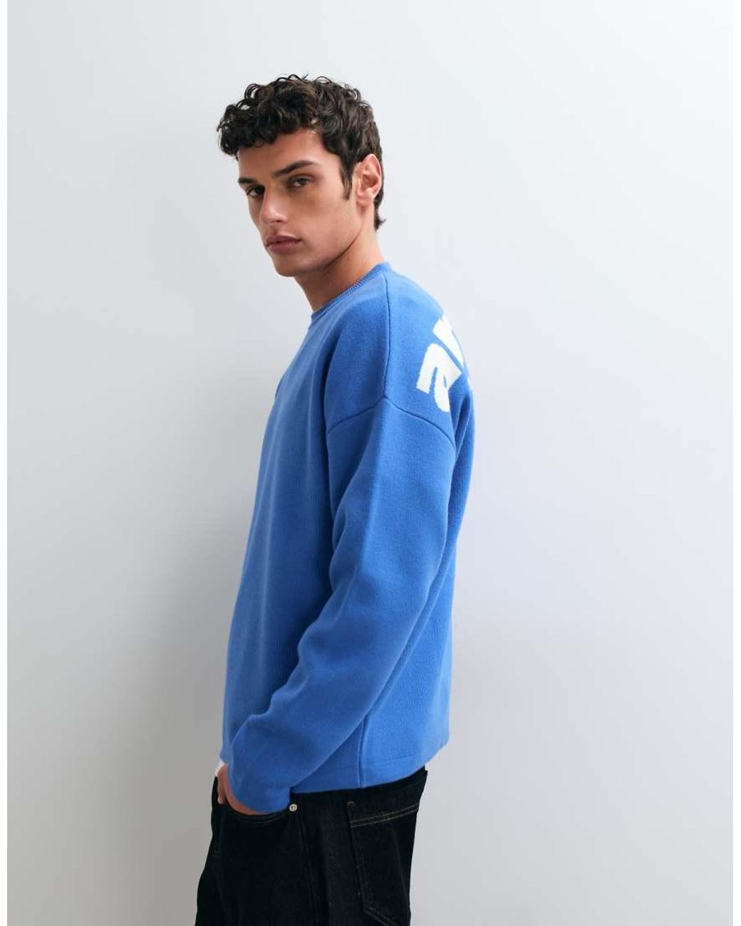 ASOS Blue Oversized Knitted Jumper With Archives Back Print for men