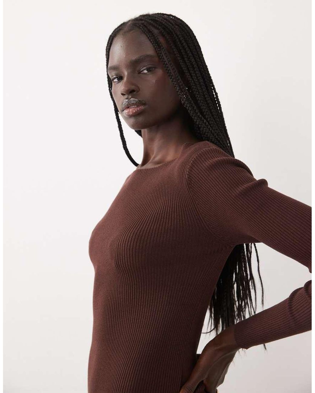 Miss Selfridge Brown Rib Knit Slash Neck Mini Dress