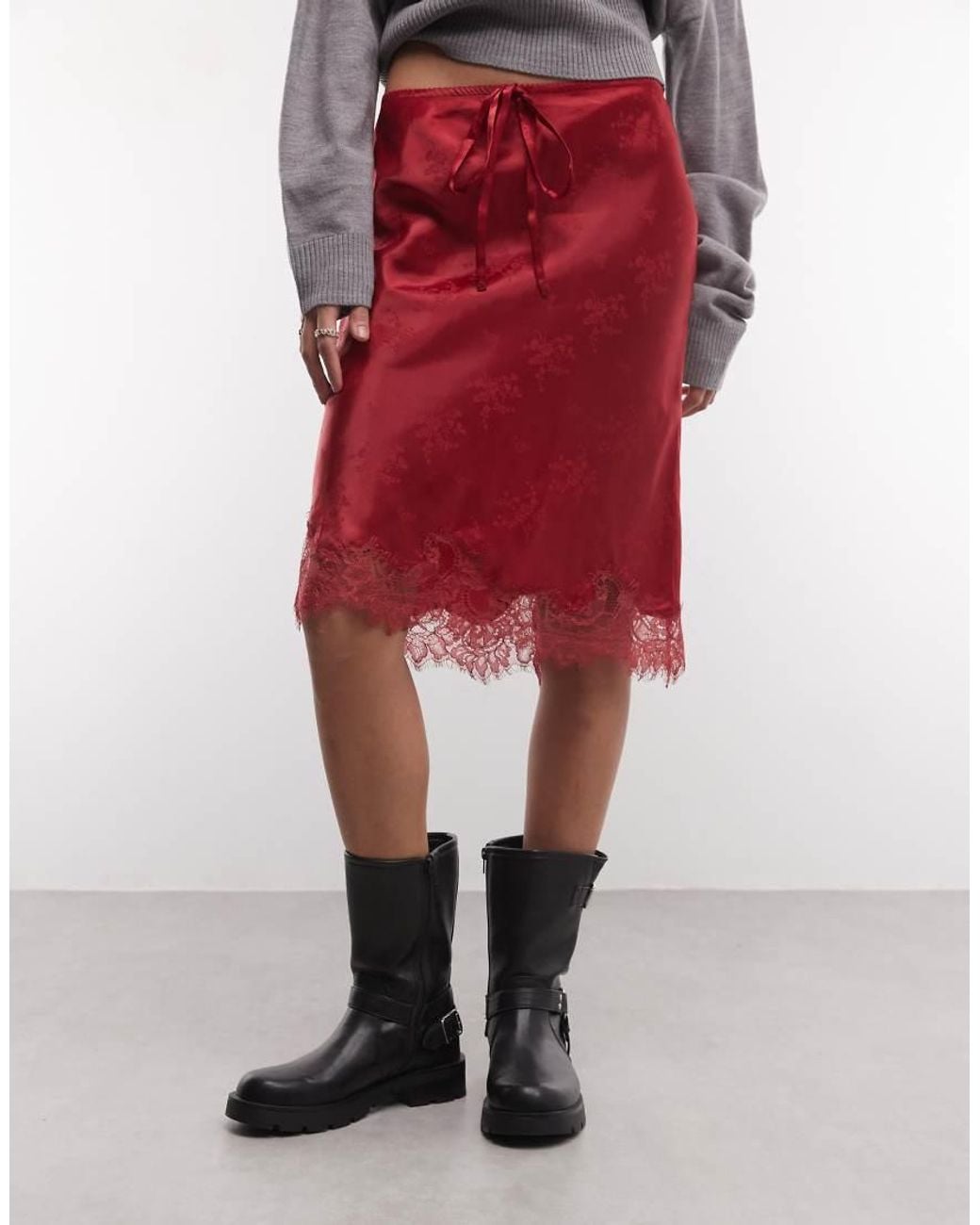 Reclaimed Vintage Red Awkward Length Satin Jacquard Midi Skirt With Lace Trim