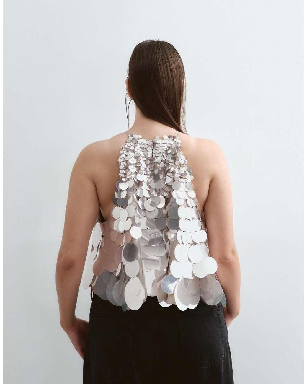 ARRANGE White Curve Mirror Disc Sequin Trapeze Halter Top