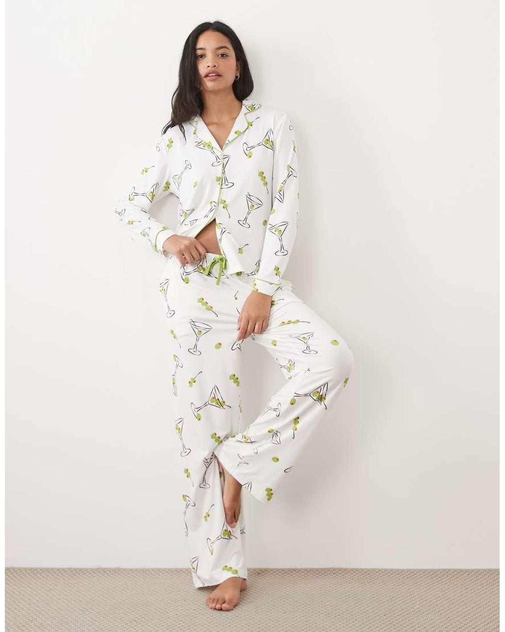 Threadbare Multicolor Button Down Super Soft Pyjama Set With All Over Martini And Olive Print