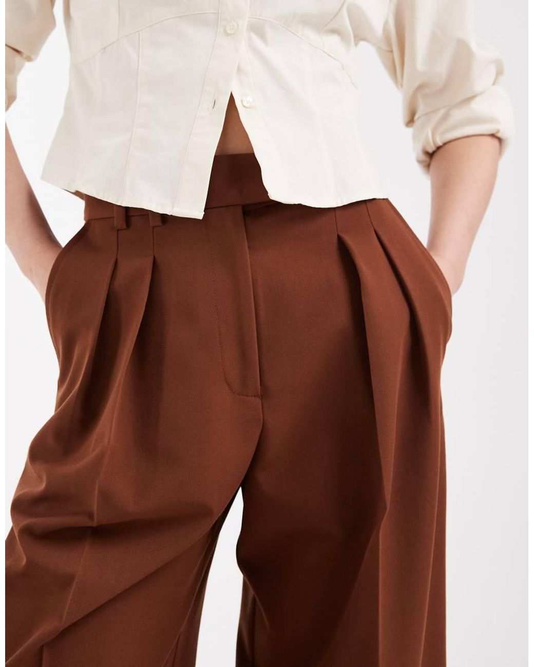 ASOS Brown Petite Tailored Wide Leg Trousers With Pleat Detail