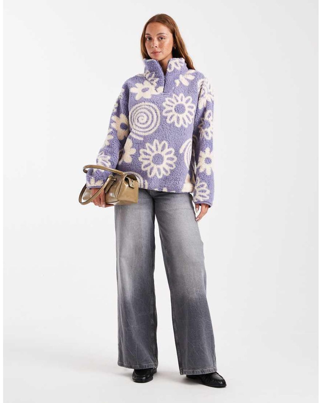 Brave Soul Purple Flower Print 3/4 Zip Fleece