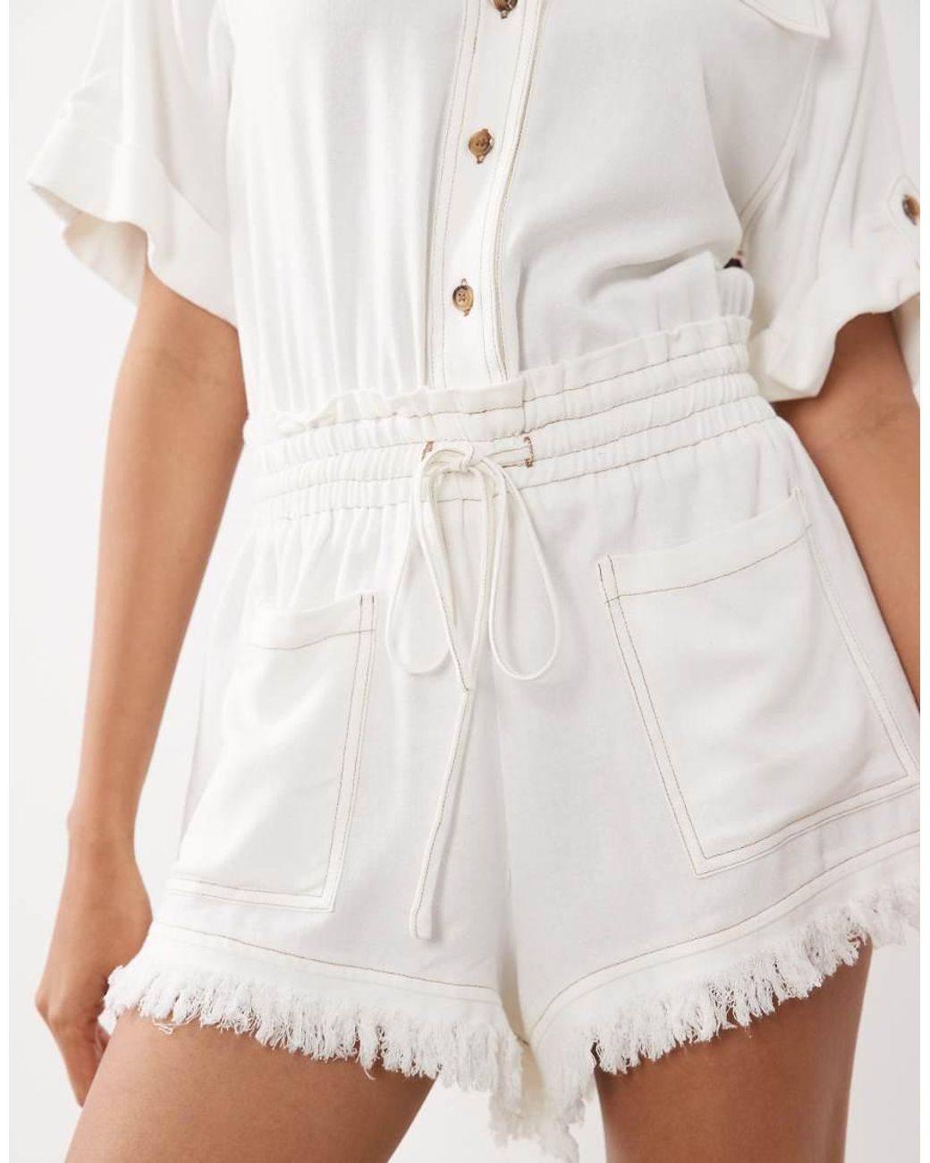 Noughts & Kisses Natural Cotton Rich Dropped Shoulder Frayed Shorts Detailing Romper