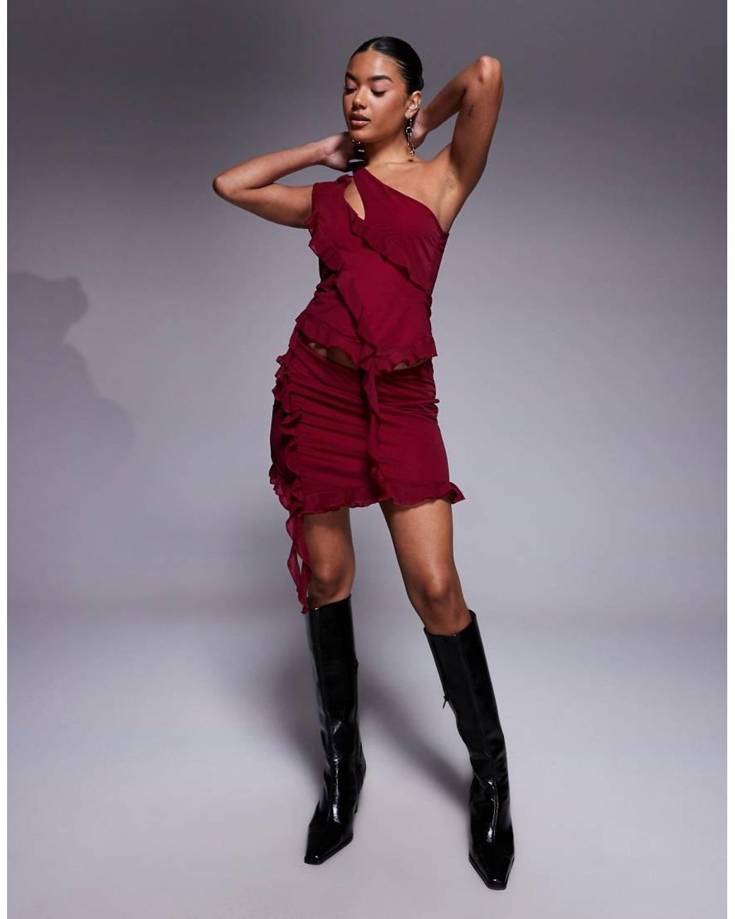 ASOS Red Co-ord Mesh Asymmetric Ruffle Mini Skirt