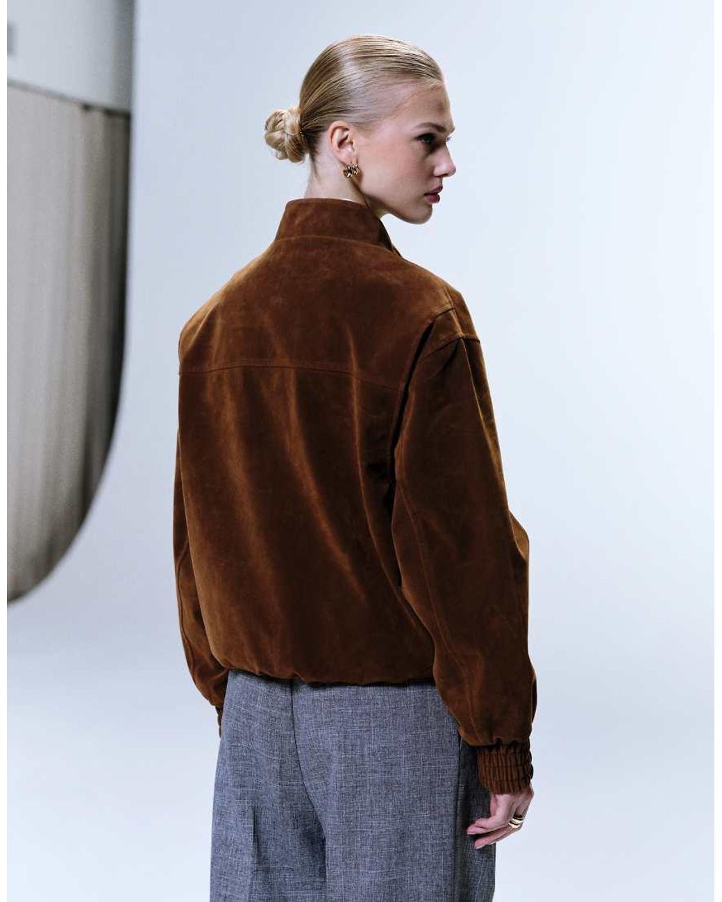 TOPSHOP Brown Faux Suede Bomber Jacket With Funnel Collar