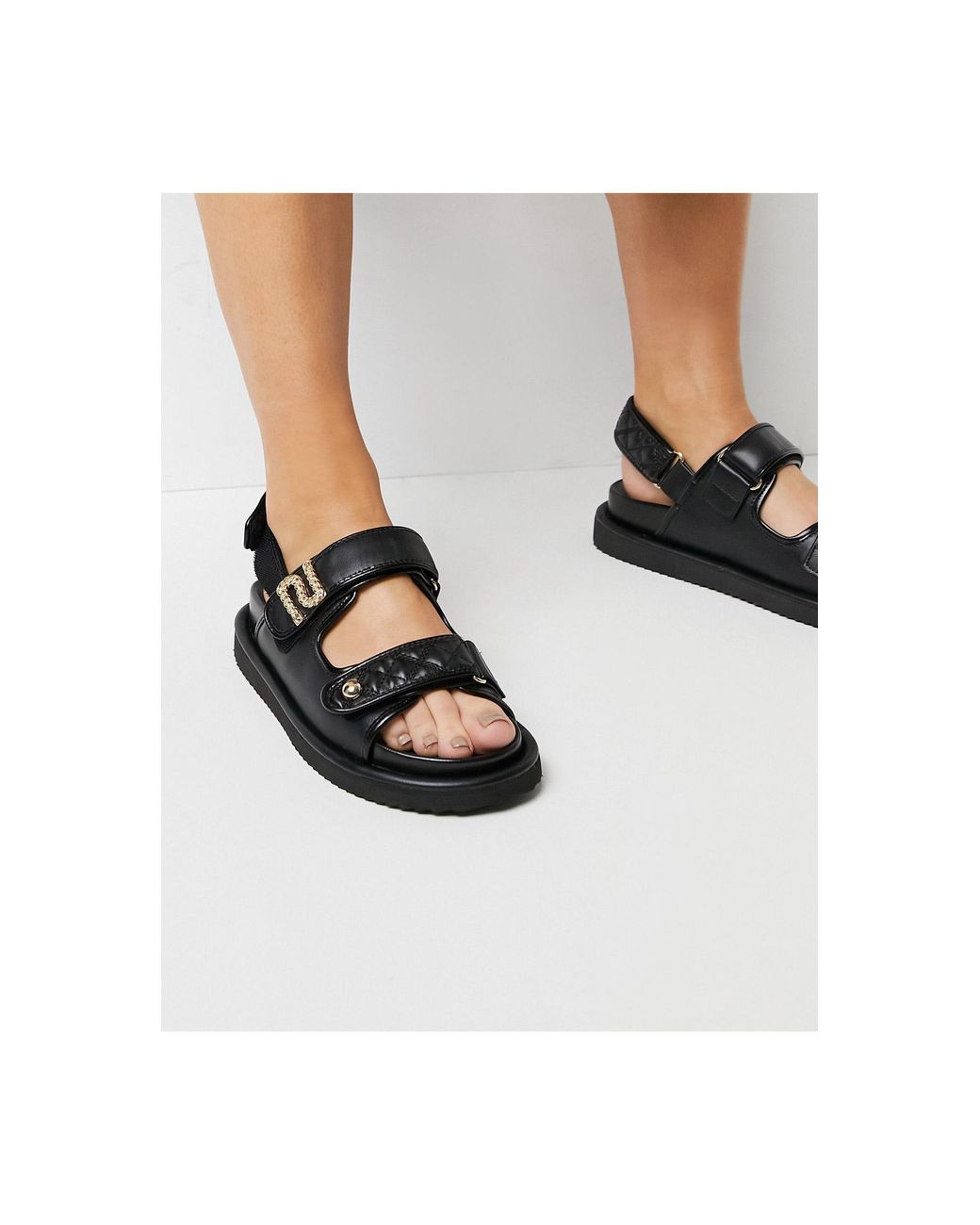 River Island Quilted Sporty Flat Sandal in Black | Lyst