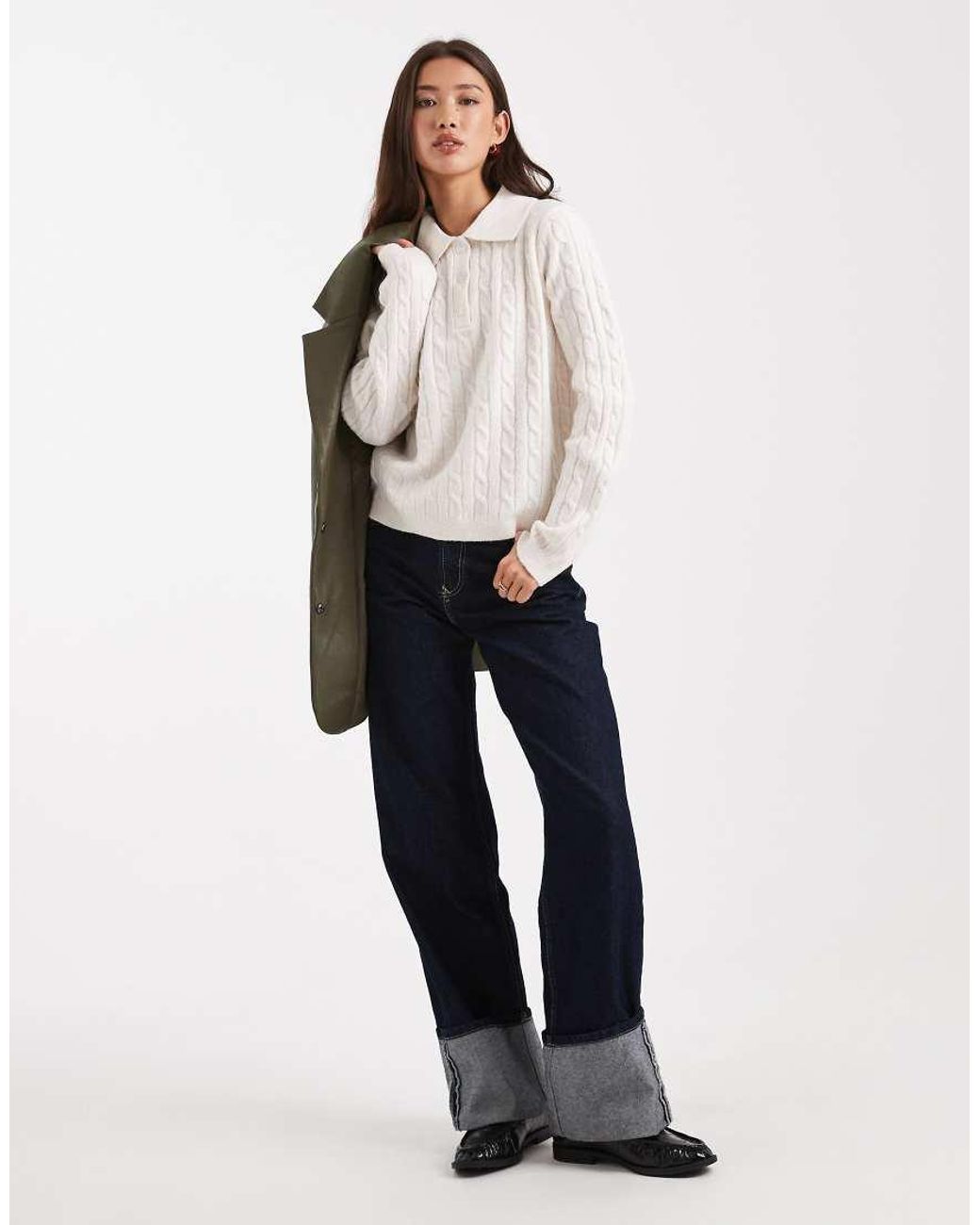New Look White Cable Knit Polo Jumper