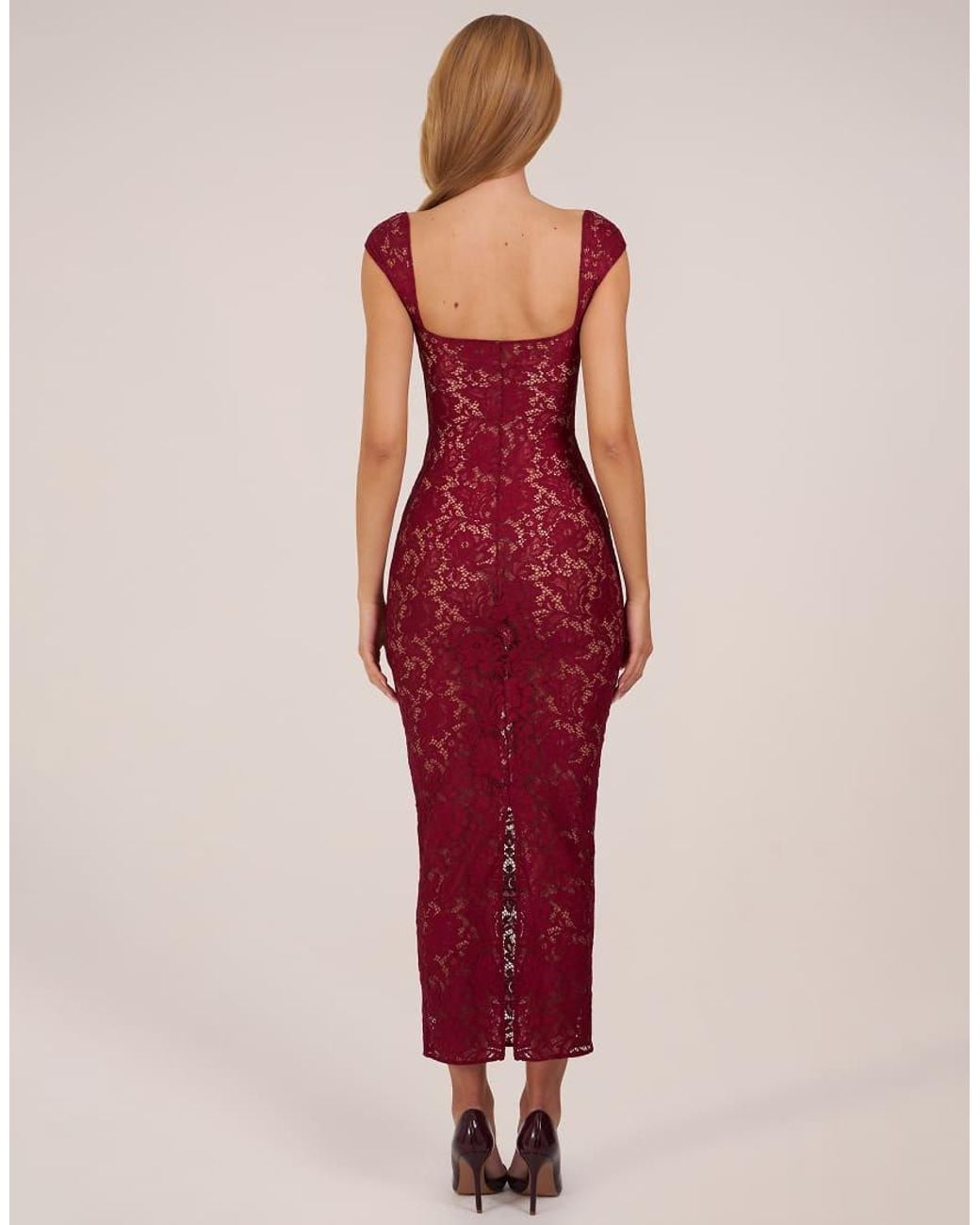 Oh Polly Red Lace Sweetheart Neck Cap Sleeve Mesh Maxi Dress