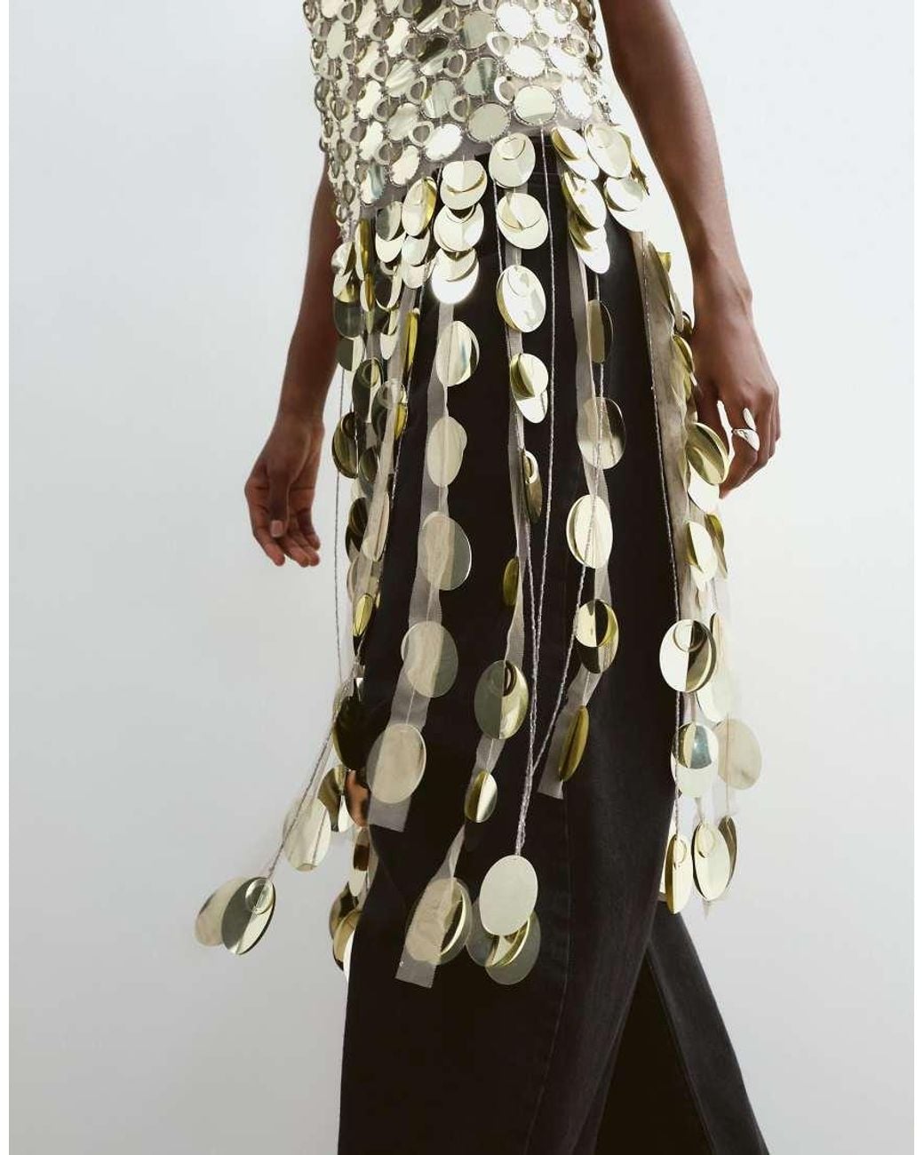ARRANGE White Futurist Sequin Crop Top With Long 3d Fringe Hem