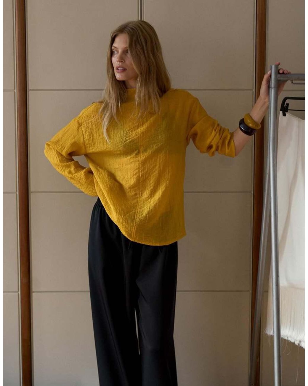 NA-KD Yellow Funnel Neck Seam Detail Crinkle Top