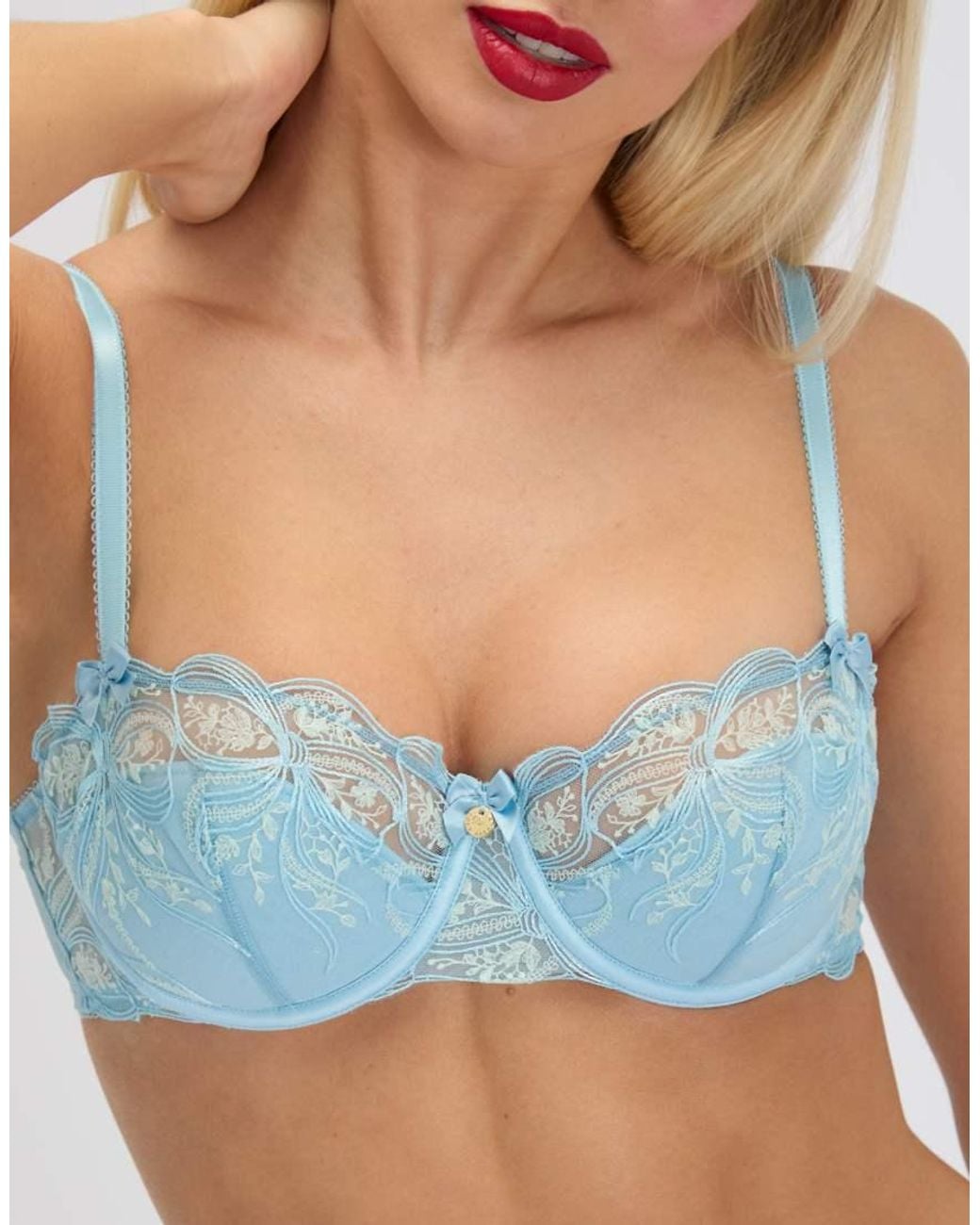 Boux Avenue Blue Jules Bow Embroidered Balconette Bra Underwired Lingerie