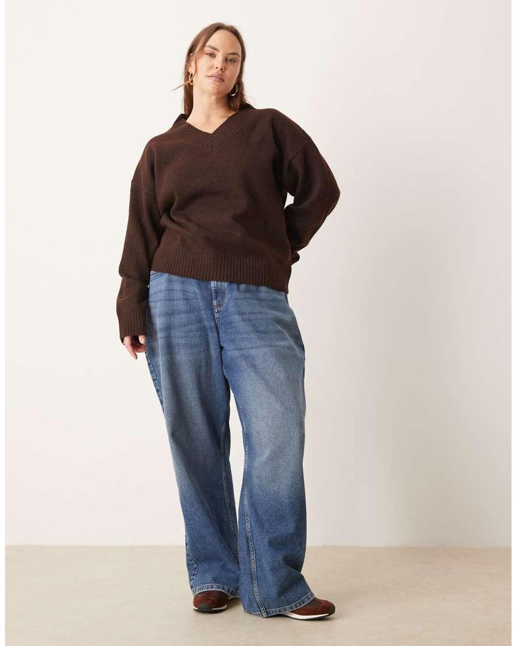 Brave Soul Brown Plus V-Neck Soft Touch Jumper