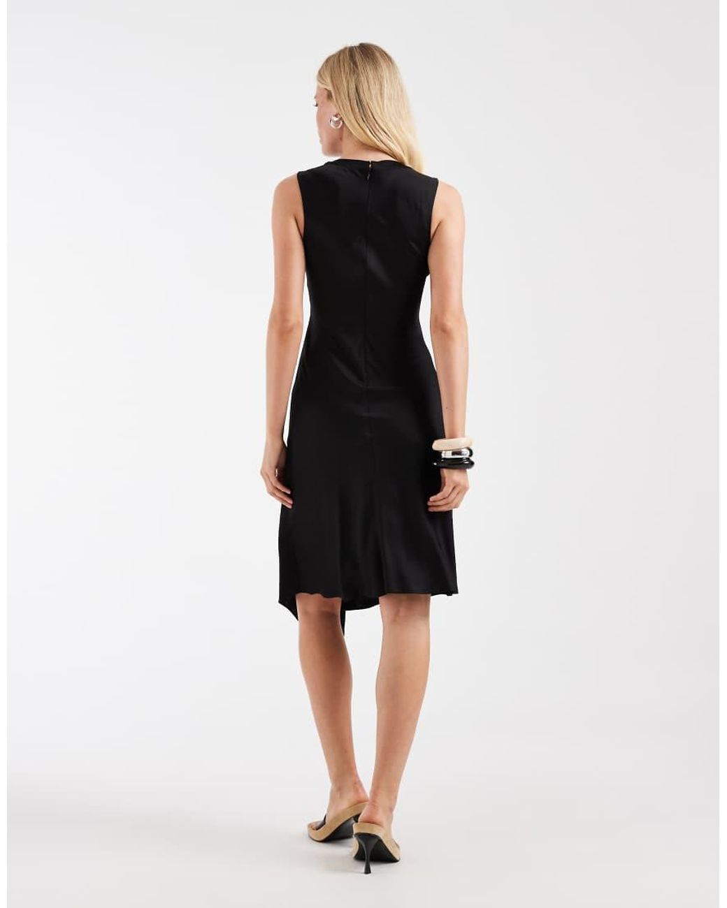 & Other Stories Black Sleeveless Satin Dress With Asymetric Hem