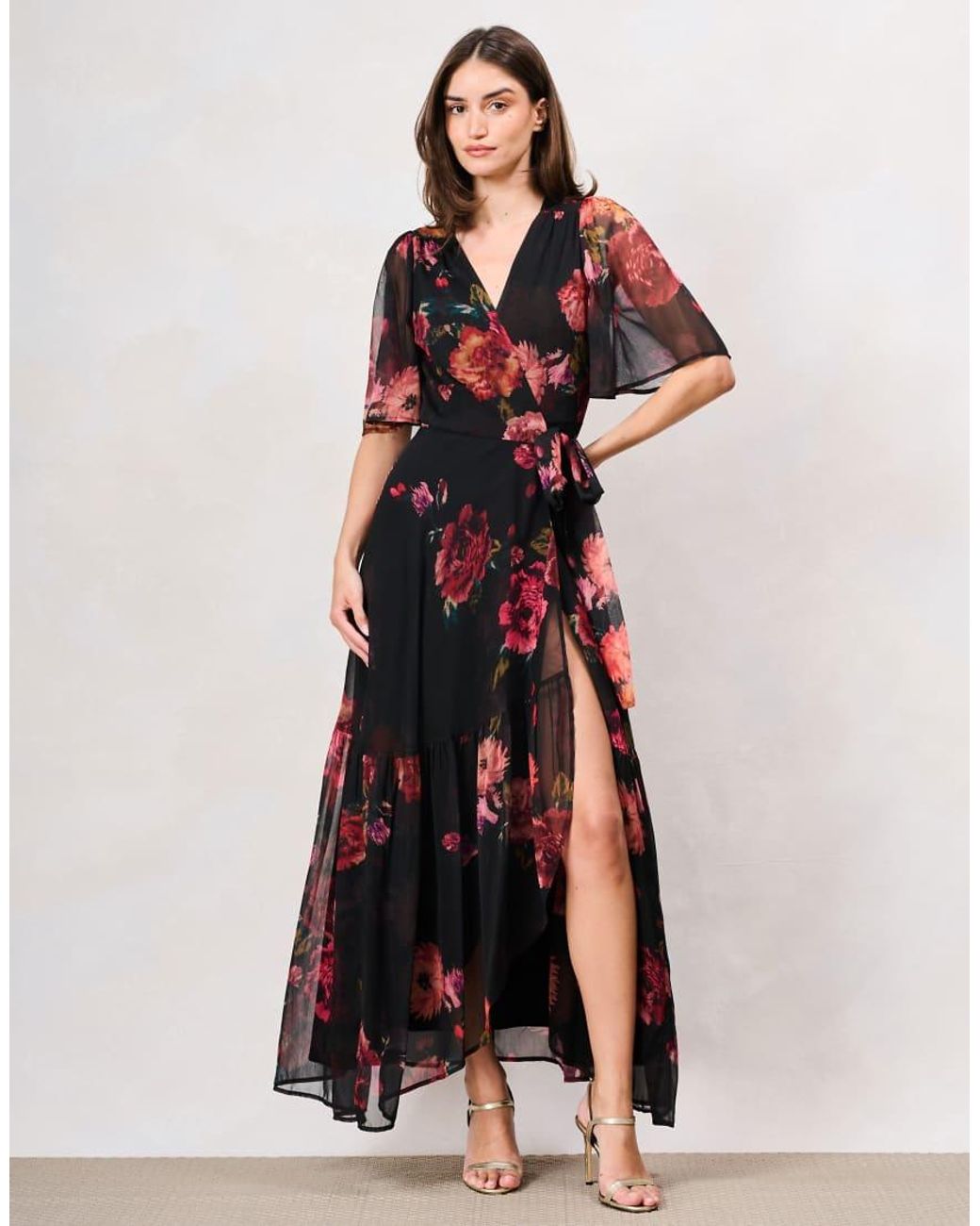Hope & Ivy Black The Anne-Marie Flutter Sleeve Maxi Wrap Dress With Tie Waist