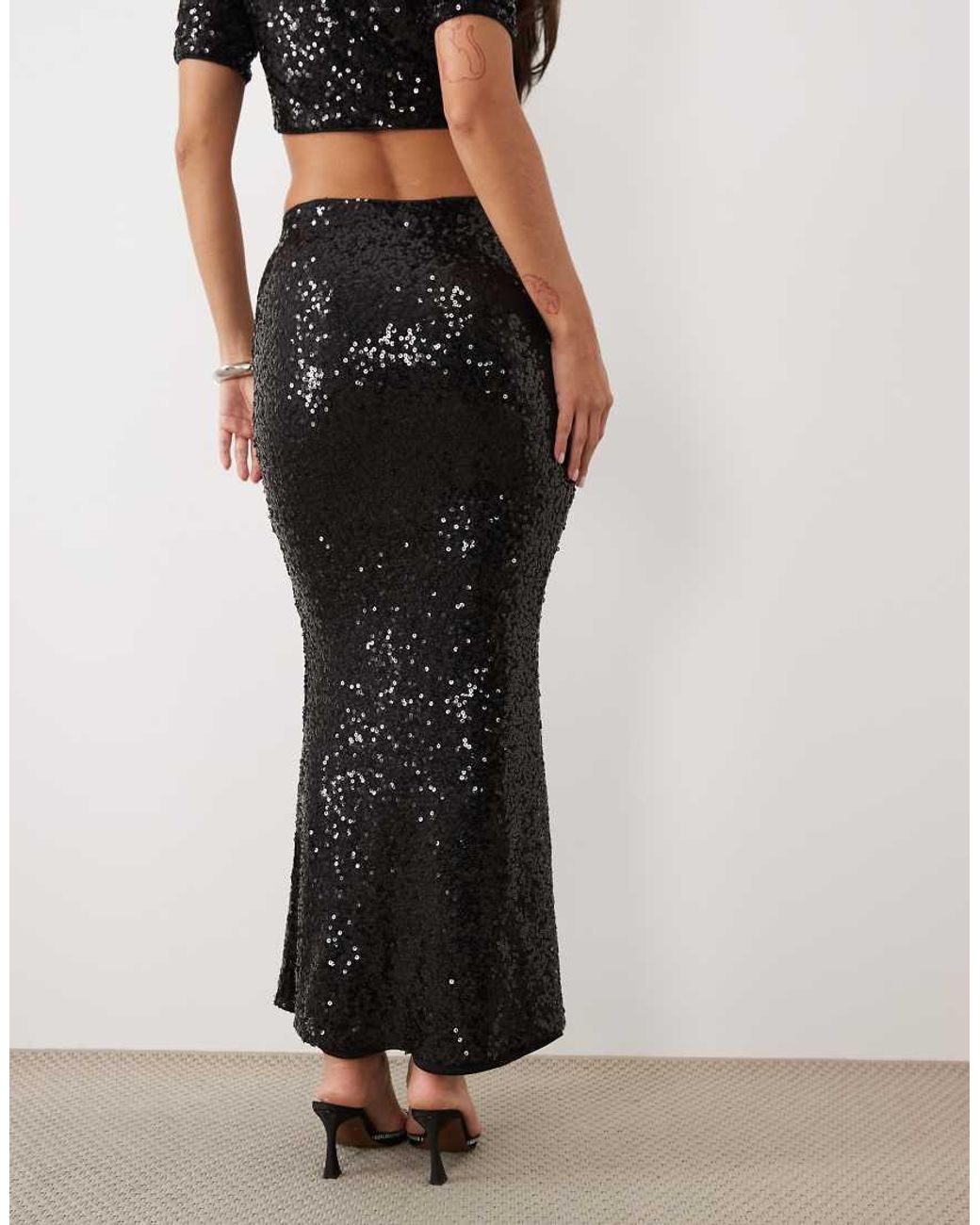 Ruched & Ready Black High Waisted Fishtail Sequin Maxi Skirt