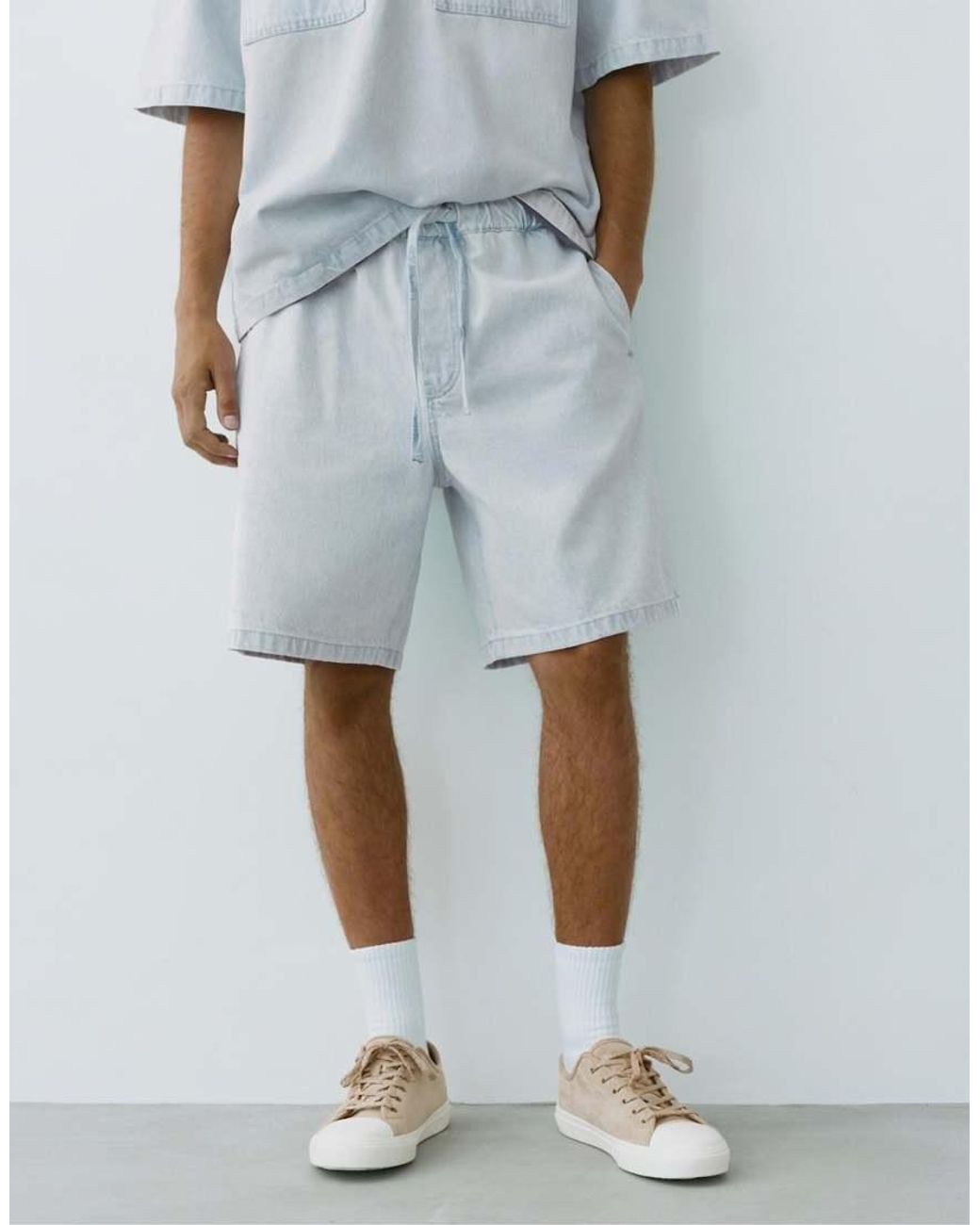 Pull&Bear Blue Relaxed Denim Bermuda Shorts for men