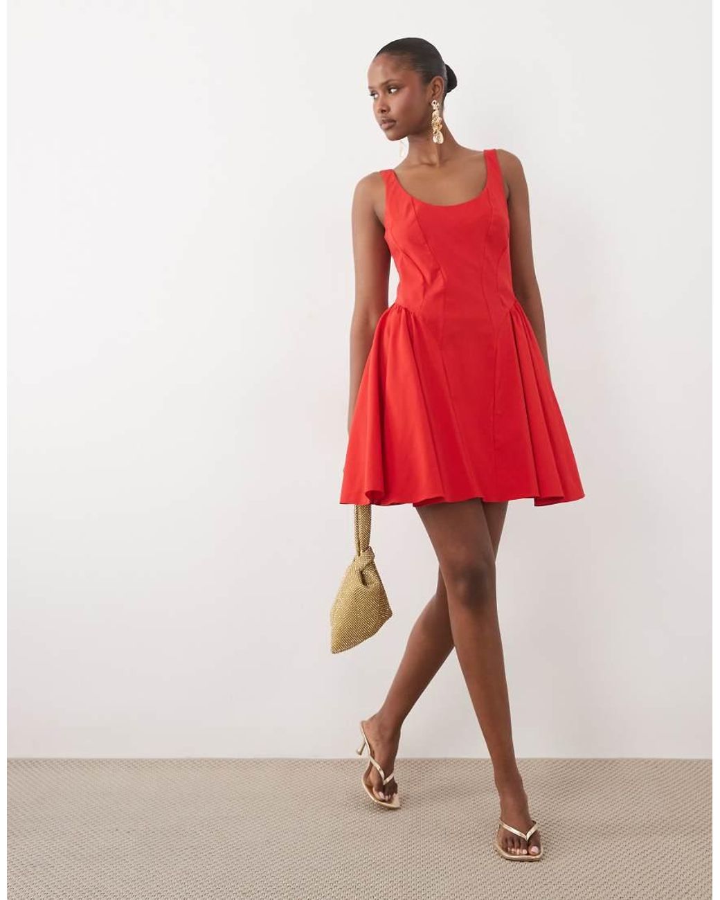 ASOS Red Scoop Neck Bengaline Structu Flippy Mini Dress