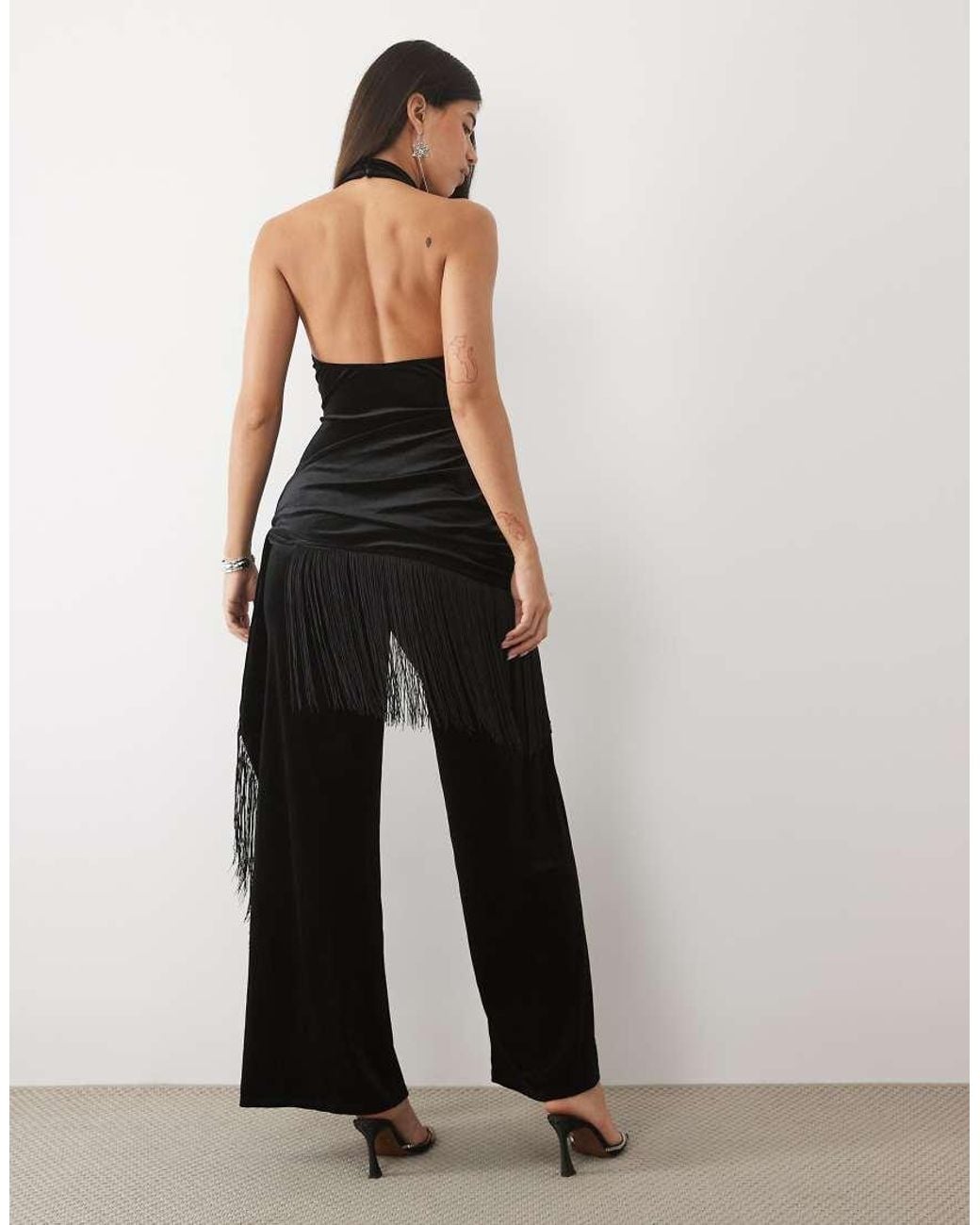 ASOS Black Halter Neck Velvet Jumpsuit With Fringe Wrap Detail