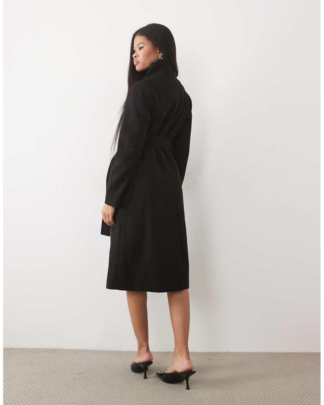 Forever New Black High Neck Belt Detail Long Line Coat