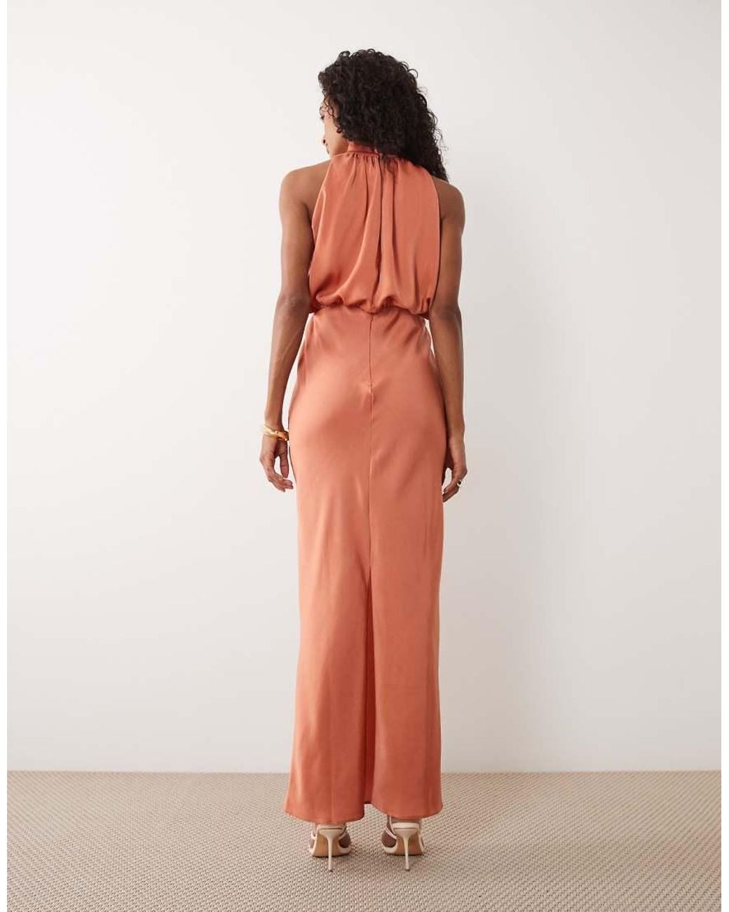 ASOS Orange Halter Neck Blouson Satin Maxi Dress