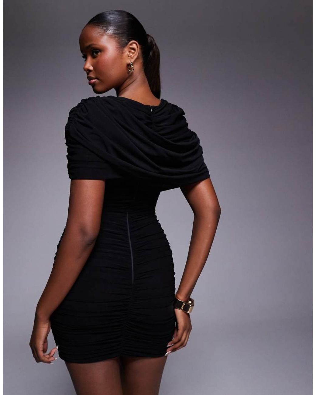HEIRESS BEVERLY HILLS Blue Mesh Drape Cape Shoulder Detail Bodycon Mini Dress