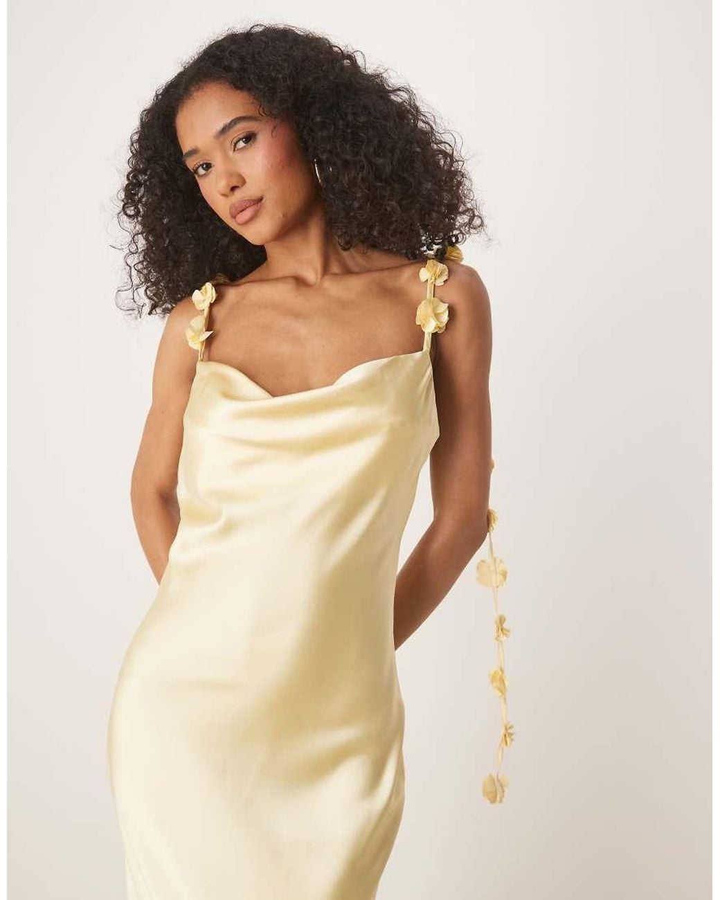 Gina Tricot Natural Satin Cowl Neck Dress With 3d Floral Applique