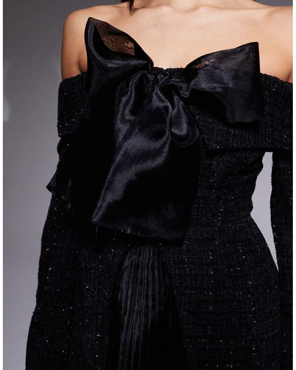 princess polly baby blue dress ASOS Boucle Bardot Mini Dress With Pleated Skirt And Bow in Black