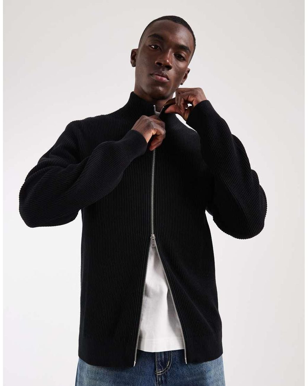 Jack & Jones Vest Van Geribbelde Knit Met Dubbele Rits in het Black voor heren