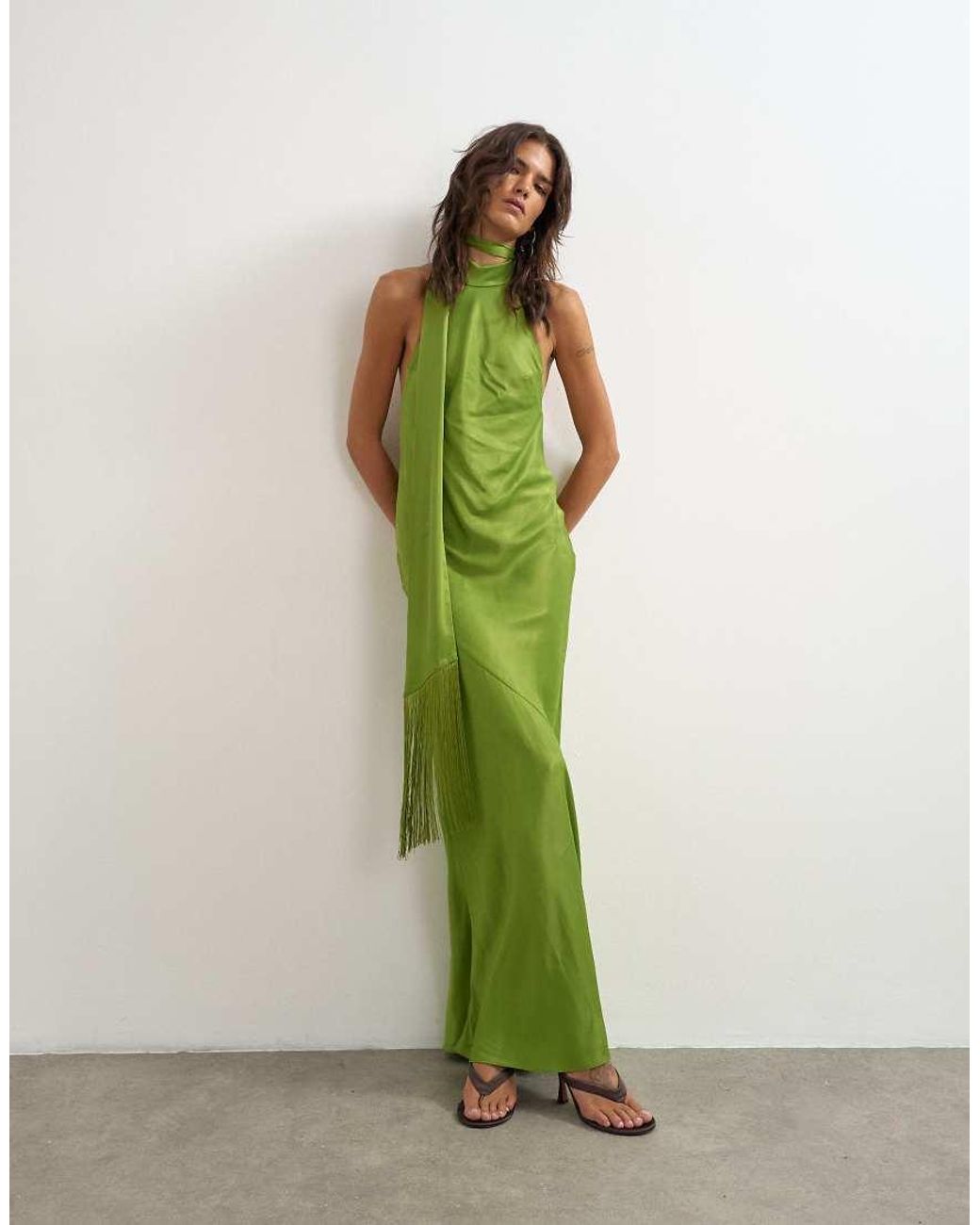 TOPSHOP Green Satin Asymmetric Halter Neck Maxi Dress With Fringed Scarf