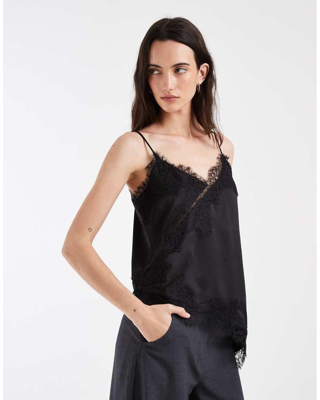 Vero Moda Blue Asymmetric Satin Cami Top With Lace Detail