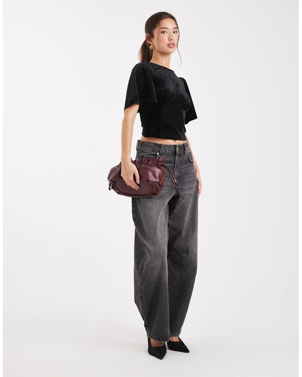ASOS Black Velvet Puff Sleeve Top With Tie Back