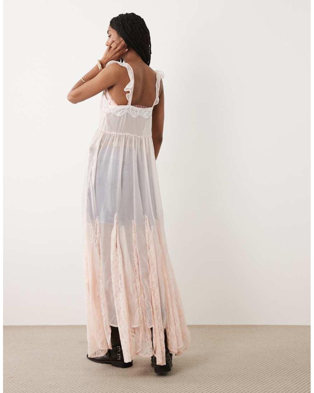 Miss Selfridge Pink Sheer Lace Maxi Dress With Godets